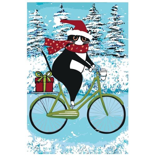Картина по номерам, 'Живопись по номерам', 40 x 60, A460, чёрный кот, шарф, подарки, Новый год, Рождество, снег, зима, деревья