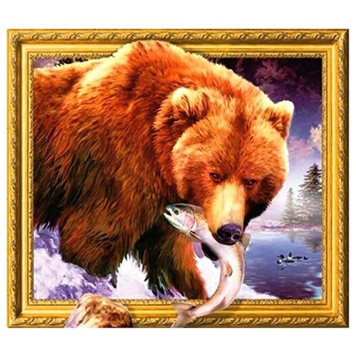 Алмазная мозаика на подрамнике Бурый медведь поймал рыбу 40х50 см (картина стразами) (7DAR188)