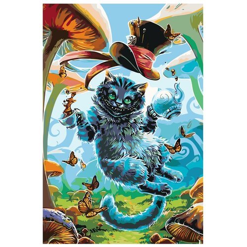 Картина по номерам, 'Живопись по номерам', 60 x 90, A444, Чеширский кот, Алиса в стране чудес, шляпа, бабочки, грибы, волшебство