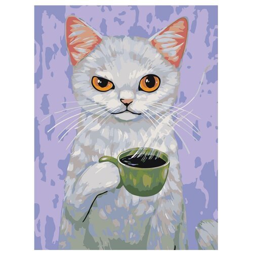 Картина по номерам, 'Живопись по номерам', 75 x 100, A291, кот, животное, горячий чай, аромат, напиток, иллюстрация, эмоция