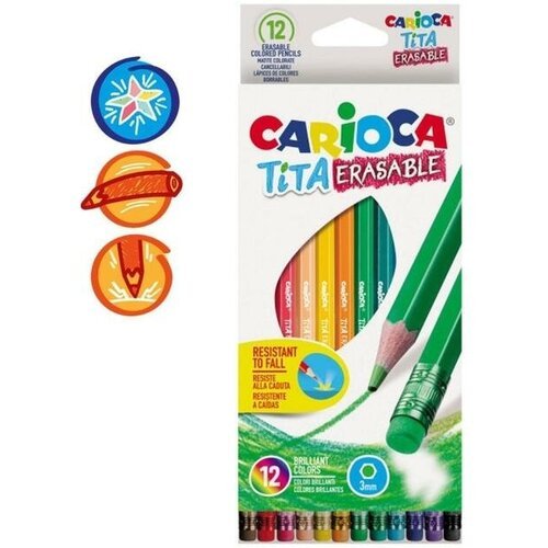 Карандаши 12 цветов Carioca 'Tita Erasable', стираемые, яркий грифель 3.0 мм, шестигранные, пластиковые, картон, европодвес